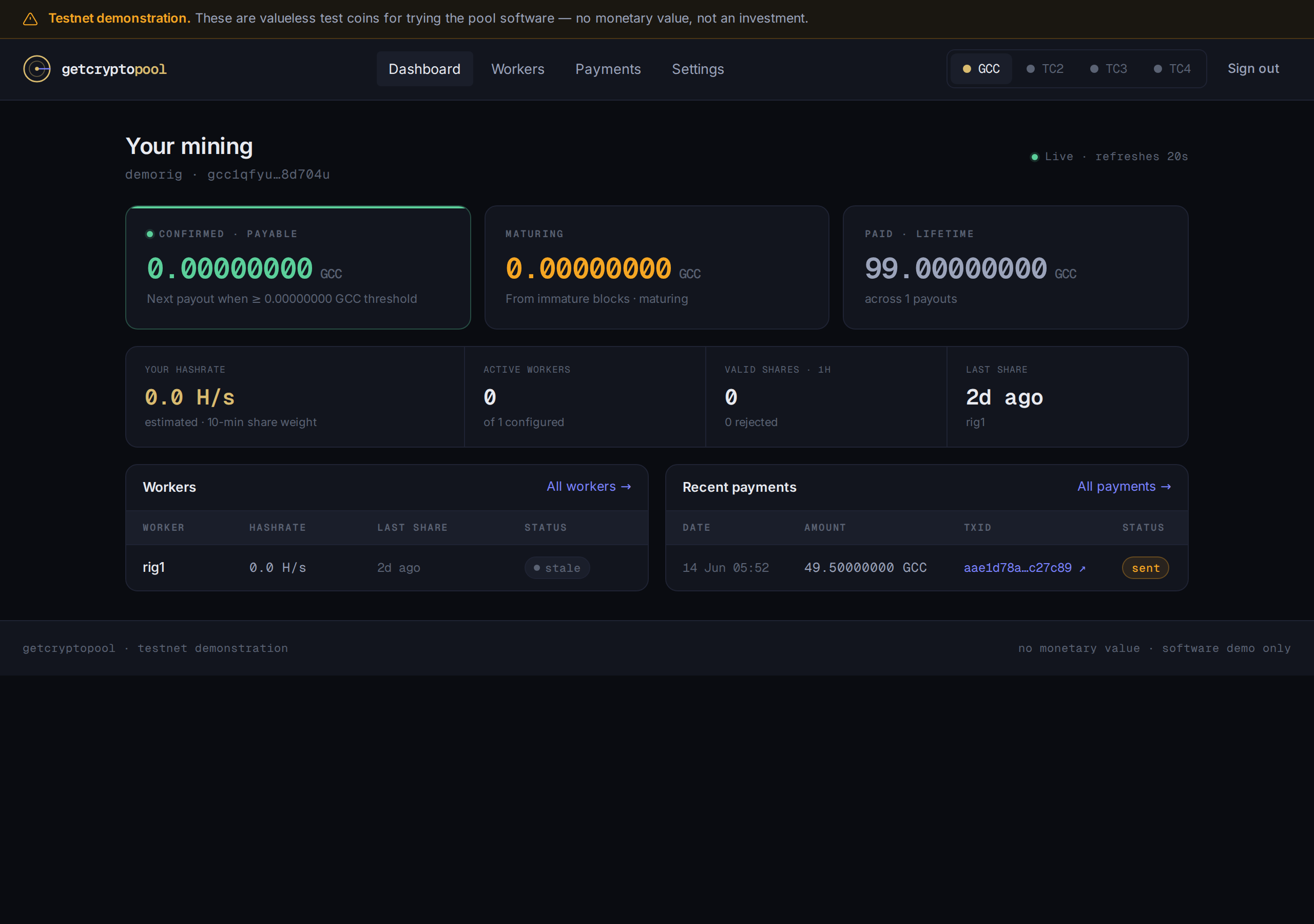 Miner dashboard showing testnet balances, connected workers, valid shares and payout history