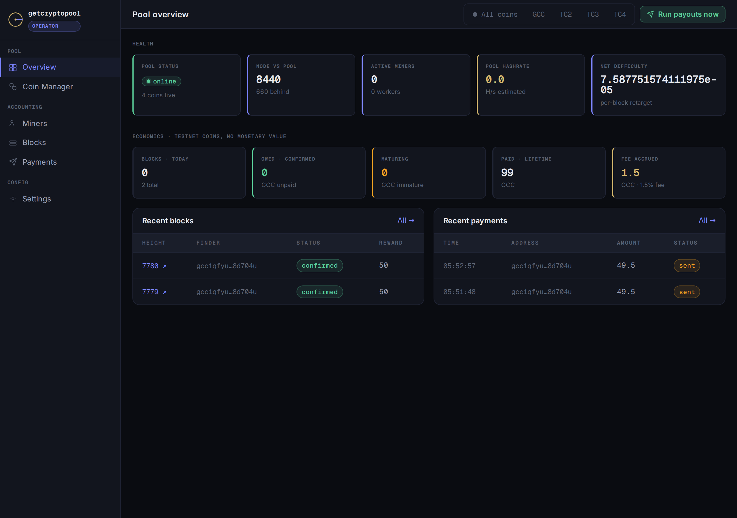 Operator overview showing pool health, connected miners, recent blocks and payments