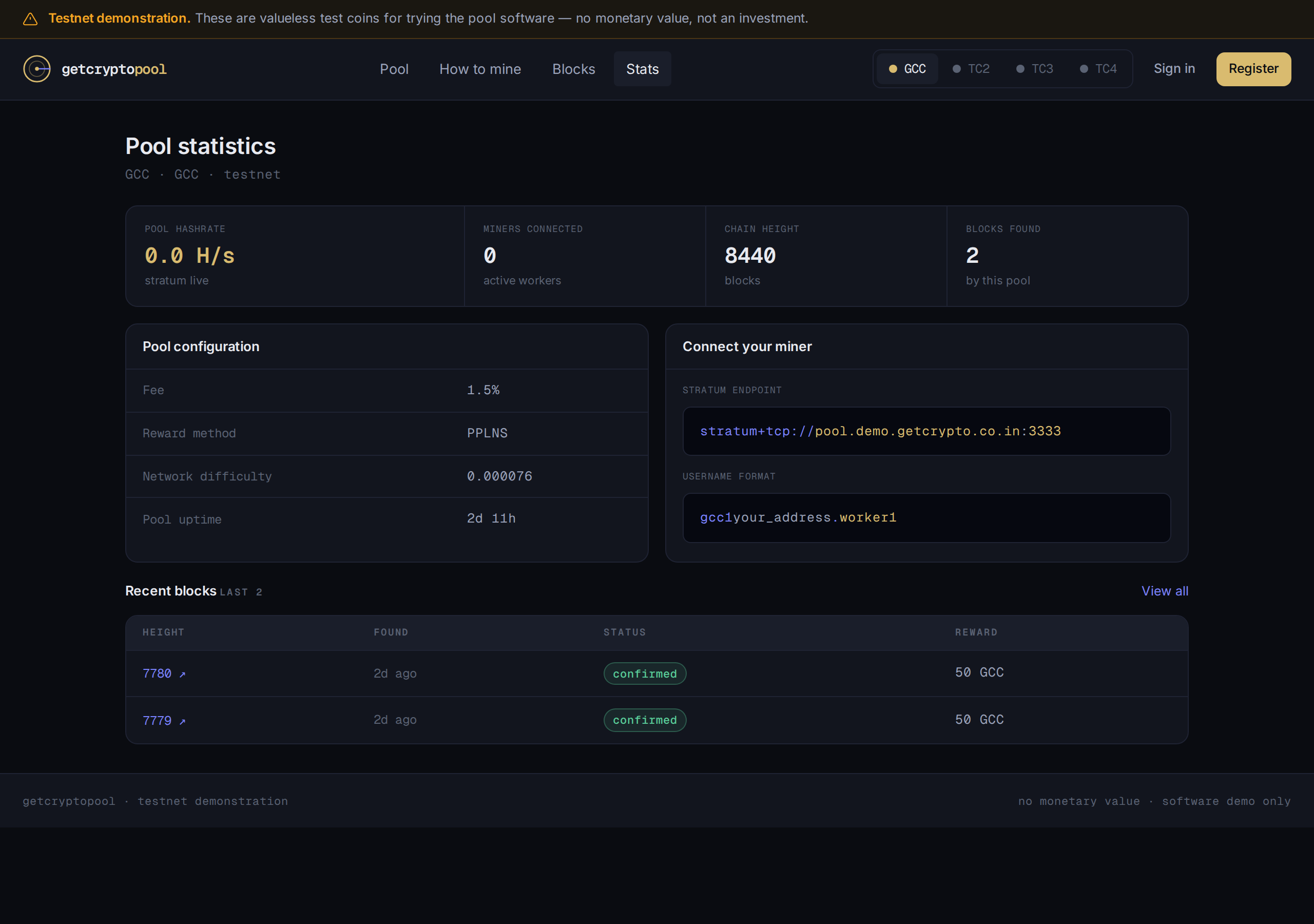 Public pool statistics page showing hashrate, connected miners, chain height and recent blocks